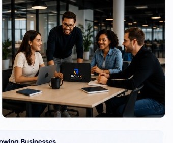 Professionals collaborating around a laptop in a modern office