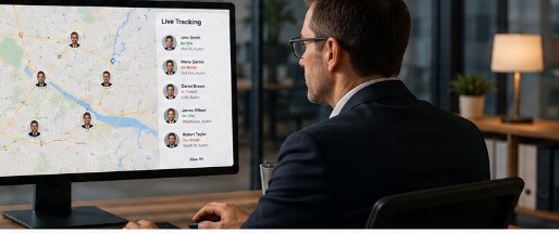 Manager reviewing live field-worker locations on a ROJAX dashboard